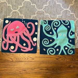 Pottery Barn Embroidered & Beaded Jellyfish & Squid Octopus pillow covers